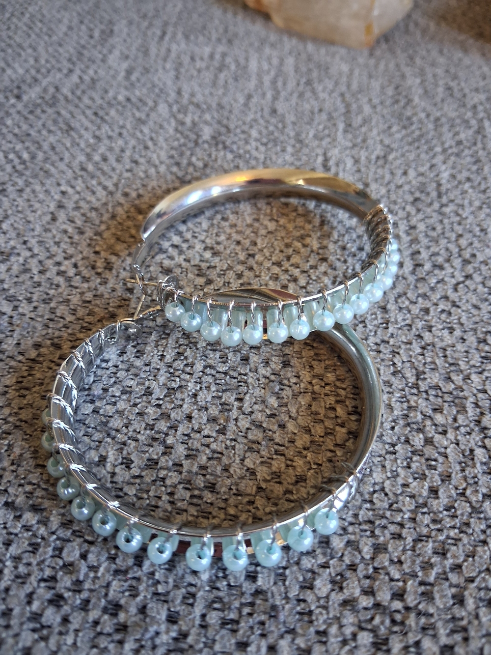 Silver Hoop Earrings with Light Aqua Beads